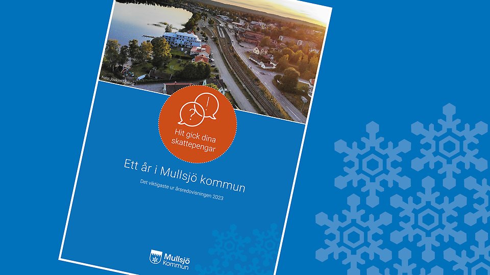 Årsredovisningens omslag med ett flygfoto på Mullsjö centrum och texten "Hit gick dina skattepengar - det viktigaste ur årsredovisningen 2023"